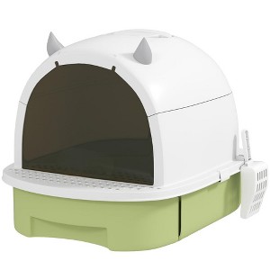 TinyHomie Green Cat Litter Box with Lid, Scoop, Deodorizing Bags - 1 of 4