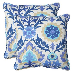 2pc Square Outdoor Decorative Throw Pillow Set - Blue/White Damask - Pillow Perfect