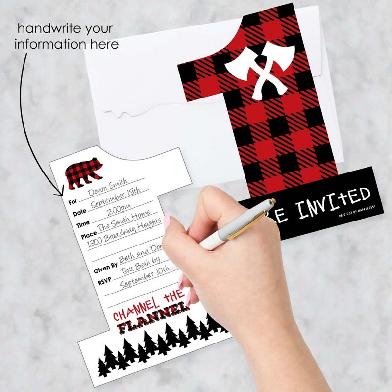 Big Dot of Happiness 1st Birthday Lumberjack - Channel The Flannel - Shaped Fill-in Invites - Birthday Party Invite Cards with Envelopes - Set of 12, 2 of 8