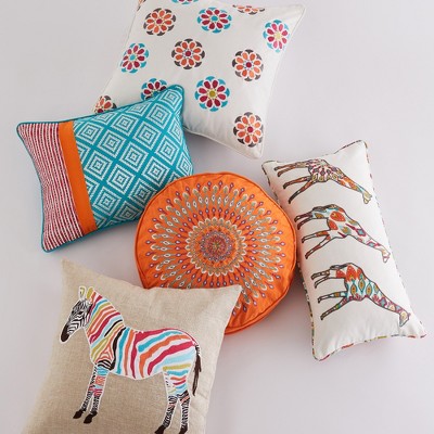 Multicolor Zebra Embroidered Burlap Throw Pillow 20x20