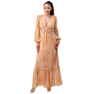 Slickblue Women's Ruffle Maxi Dress with V Neck, Self Belt & Cut-Out Sides, Yellow/Terracotta, Size S-L - 1 of 4