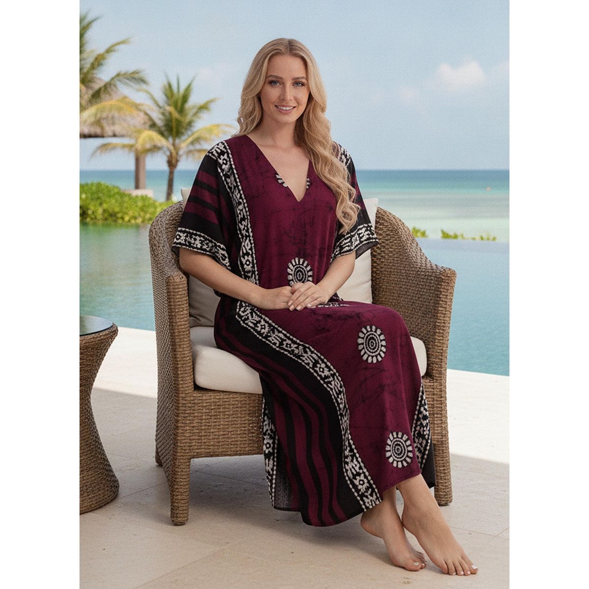 LA LEELA Summer Cotton Women Holiday Caftan Dress Resortwear Vacation Cruise Lounge Wear Flowy Relaxed Silhouette 2X-3X Red Floral - thumbnail 3