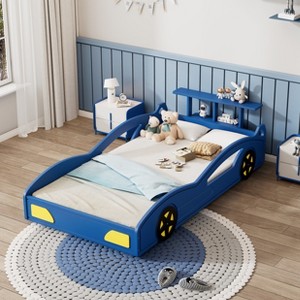 Twin Size Car Bed Car-Shaped Platform Bed Frame with Wheels For Teens, Corduroy, Red/Blue-ModernLuxe - 1 of 4