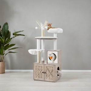 Modern Cat Tree with Litter Box Enclosure - 2-in-1 Cat Tower, 55.1-Inch Cat Condo with Scratching Posts, Removable Pompom Sticks - 1 of 4