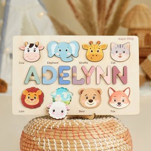 Huxxion Animal Name Puzzle for Kids, Wooden Toddler Puzzle with Story-Themed Elements, Custom Gifts For 1-3 Year Old, Nursery Decor NP53 - 1 of 1