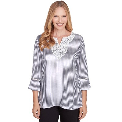 Alfred Dunner Womens Embroidered Split Neck Striped Top