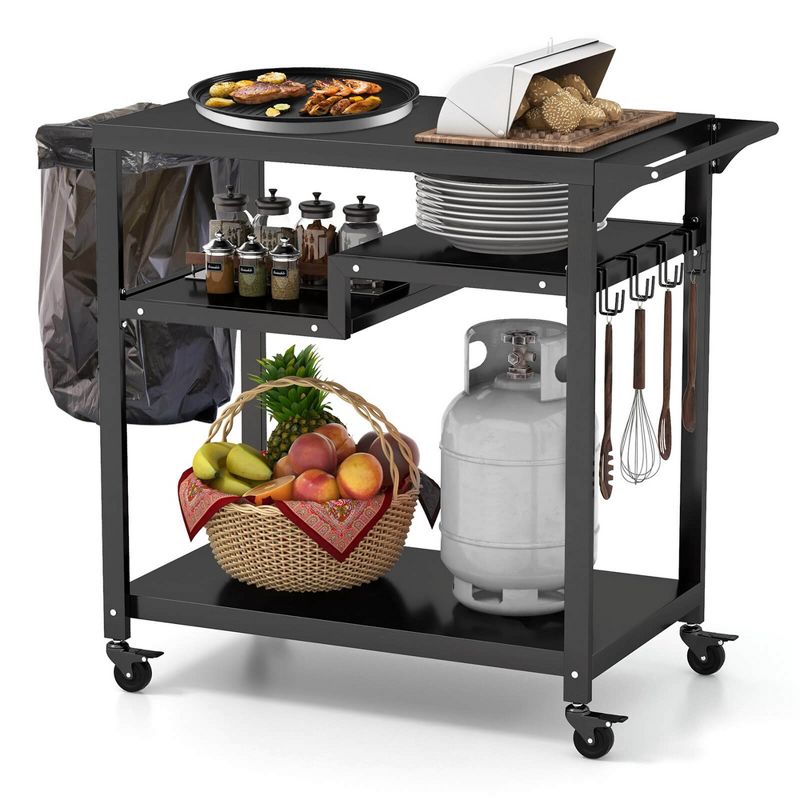 Costway Rolling Grill Cart 3-Shelf BBQ Table Pizza Oven Stand with Trash Bag Holder & Hooks, 1 of 11
