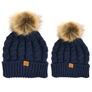 Wrapables Cable Knit Faux Fur Pom Pom Beanie, Mommy & Me Set Dark Blue - 1 of 4