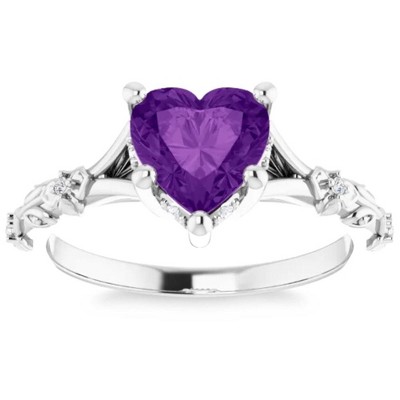 Pompeii3 7mm Amethyst Vintage Diamond Heart Shape Leaf Ring in 14k White or Yellow Gold