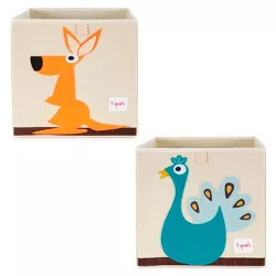 3 Sprouts Large 13 Inch Square Children's Foldable Fabric Storage Cube Organizer Box Soft Toy Bin, Kangaroo and Peacock (2 Pack)