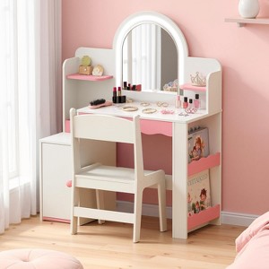 Kids Vanity with Lights, Princess Girls Vanity with Open Storage Shelves, Toddler Vanity Table and Chair Set, Perfect for Bedroom or Playroom - 1 of 4