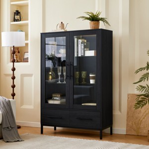60'' Tall Glass Display Cabinet with LED Lighting,2 Drawers & Adjustable Shelves,Modern Curio Pantry for Living Room Kitchen-Baofuwish - 1 of 4
