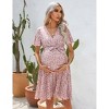 Coolmee Women Summer Maternity Dress Floral Print V Neck Pleated Hem Flutter Sleeve Ruffle A Line Flowy MIdi Dress with Belt - 2 of 4