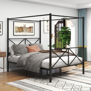 Heavy-duty Metal Canopy Bed Frame with X-shaped Headboard and Footboard, Platform Beds Frame for Bedroom/Guest Room, No Box Spring Needed - 1 of 4