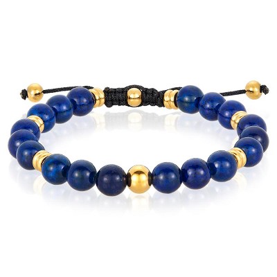 Crucible Men's Lapis Lazuli Stone and Gold Plated Steel Bead Adjustable Bracelet (8mm)