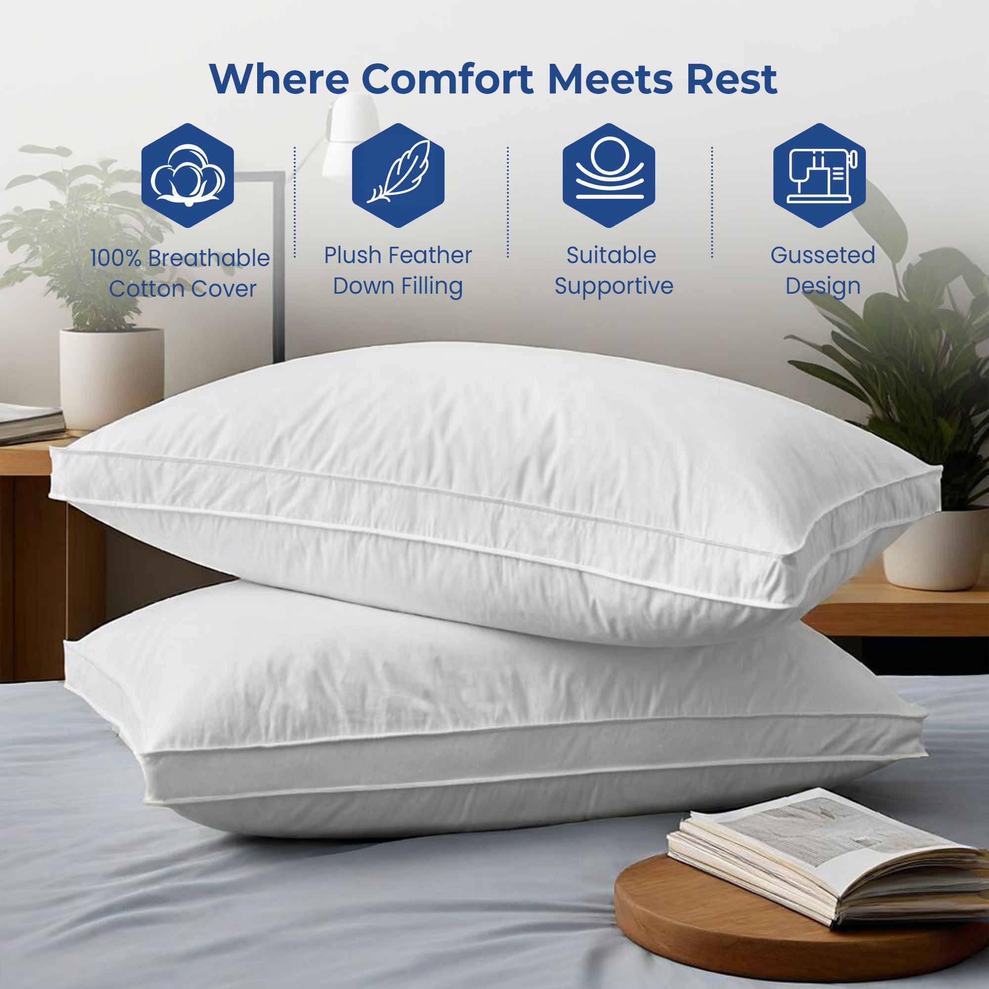 Peace Nest Goose Feather Down Gusseted Bed Pillows Set of 2, Classic, King