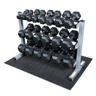 Body-solid Rubber Dumbbell Set With 3 Shelf Rack And Vinyl Mat