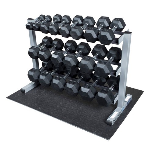 Body Solid Rubber Dumbbell Set with 3 Shelf Rack and Vinyl Mat 5 50lbs