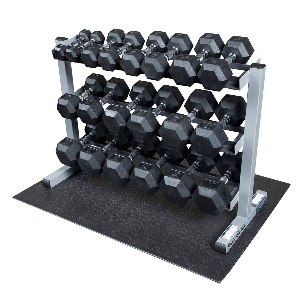 Photos - Barbells & Dumbbells Body Solid Body-Solid Rubber Dumbbell Set with 3 Shelf Rack and Vinyl Mat - 5-50lbs 