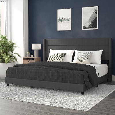 Charcoal Linen King Upholstered Platform Bed with Wingback Headboard