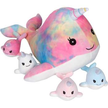 PixieCrush Plush Stuffed Narwhal Mommy Toy with 4 Babies