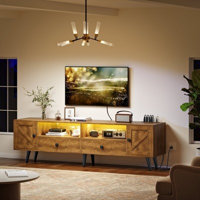 HDZNVF Wood TV Stand with Power Outlets, Modern Entertainment Center for TVs Rustic Oak 70in W