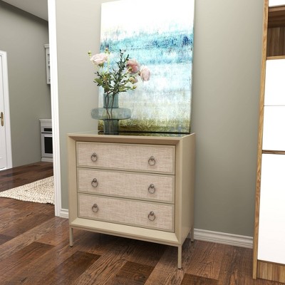 Beige Upholstered 3 Drawer Chest with Mirrored Top and Ring Handles