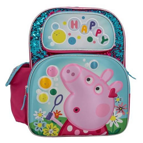 Peppa Pig 16 Backpack Girls Travel Bag Featuring Flip Sequins 3D Molded Satin Front Zip Pocket Pink