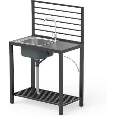 DOMETOUR Outdoor Kitchen Island with Storage, Stainless Steel Sink, Faucet & Drainboard, Freestanding Shelves, Protective Cover