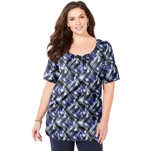 Catherines Women's Plus Size Jeweled Neck Pintuck Top - 1 of 4