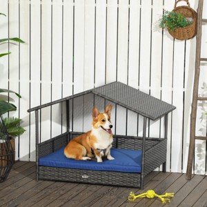 Wicker Dog House with Canopy for Outdoor Use Rattan Dog Bed with Water Resistant Cushion for Small and Medium Dogs,Blue - LAOTIES - 1 of 4