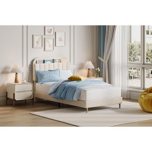 Kids Bed Frame with Bookcase Headboard, Upholstered Platform Bed with Wooden Slats Support for Boys, Girls, Teens, No Box Spring Needed - 1 of 4