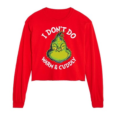 Dr. Seuss The Grinch Christmas I Don't Do Warm & Cuddly Cropped Long Sleeve T-Shirt - Red - 2 X-Large