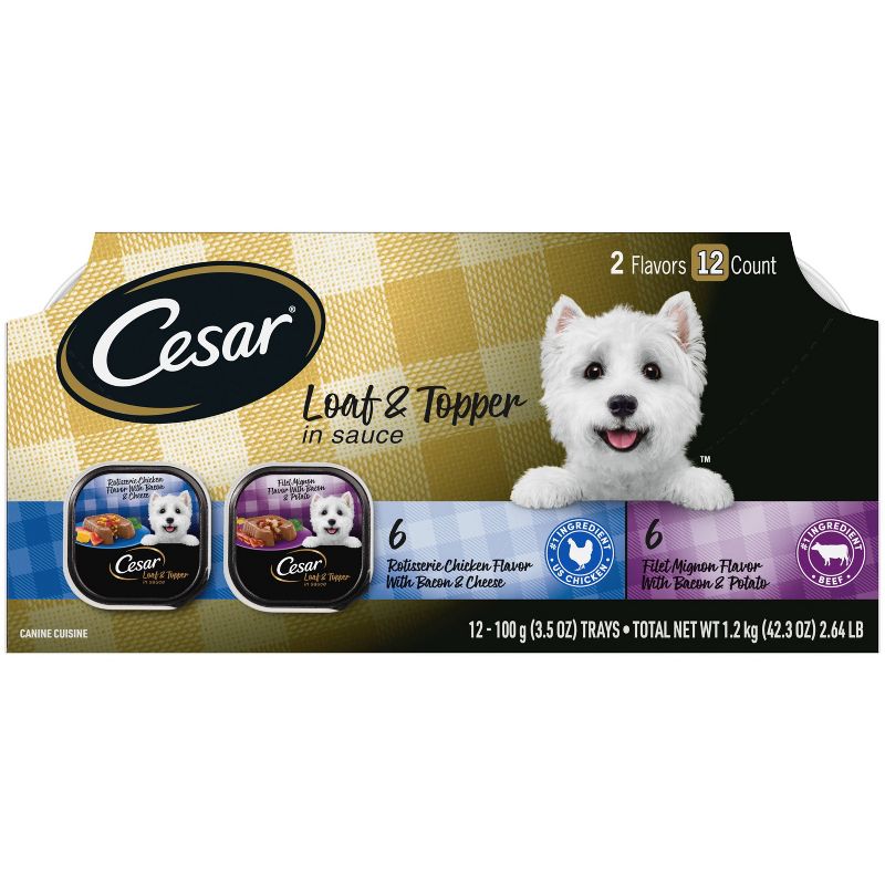 Cesar Loaf &#38; Topper in Sauce Rotisserie Chicken, Beef Filet Mignon and Cheese Flavor Adult Wet Dog Food - 2.64lbs/12ct Variety Pack, 1 of 12