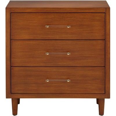 Ollie Brushed Teak 32" Wide Modern Rustic 3-Drawer Cabinet with Crystal Handles
