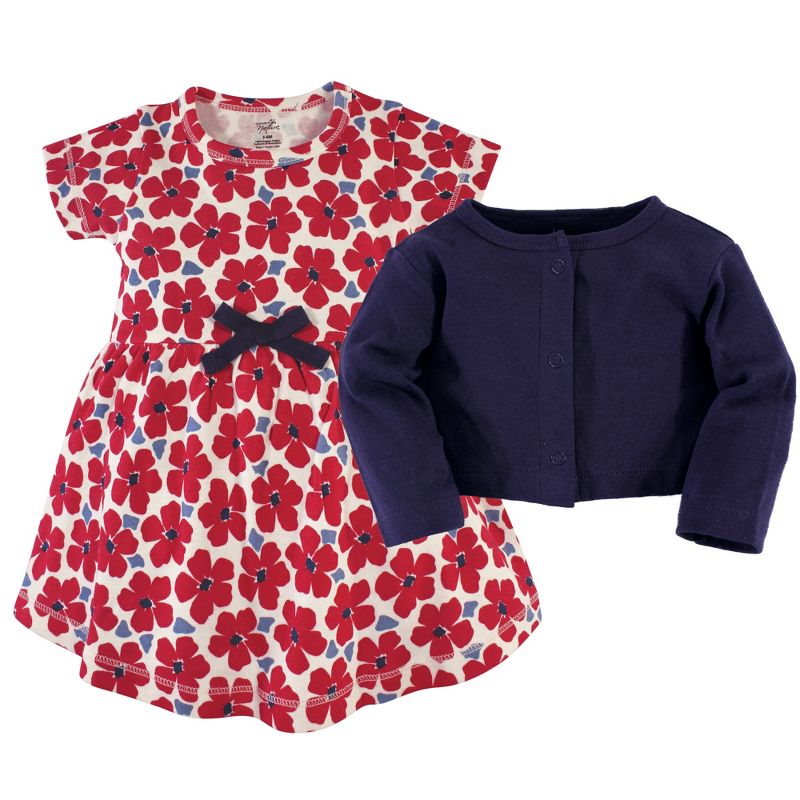 Touched by Nature Baby and Toddler Girl Organic Cotton Dress and Cardigan 2pc Set, Red Flowers, 3 of 6