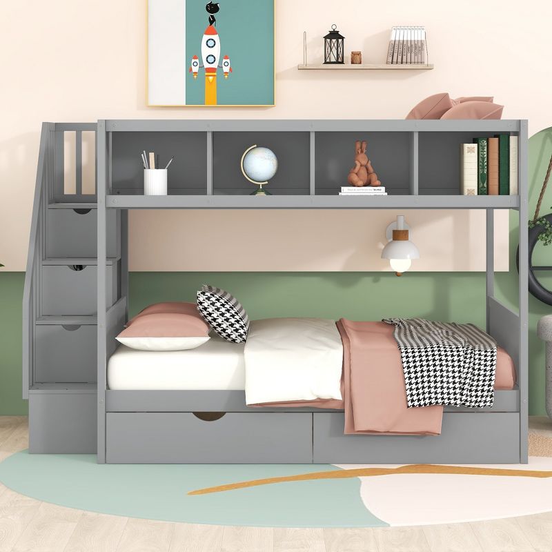 Twin over Full Bunk Bed with Shelves, Storage Staircase and 2 Drawers - ModernLuxe, 2 of 12