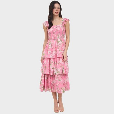 August Sky Women's Smocked Floral Tiered Midi Dress