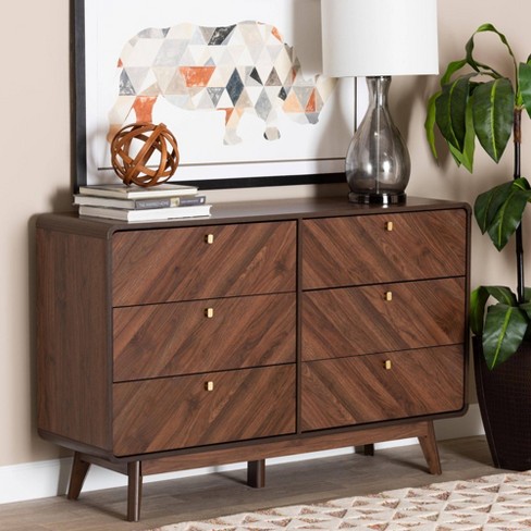 Baxton Studio Markell Wood 6 Drawer Dresser Walnut Brown gold Mid century Storage Metal Pulls Target