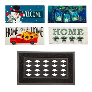 Evergreen Indoor Outdoor Doormat Bundle Set of 5 - Frame and 4 Welcome Seasonal Inserts Red Truck Snowman Fireflies Planters - 1 of 4
