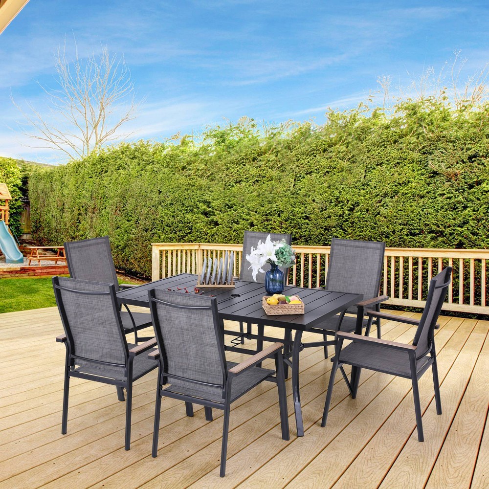 7pc Patio Dining Set with Rectangle Table with 26 Umbrella Hole & Aluminum Arm Chairs Captiva Designs