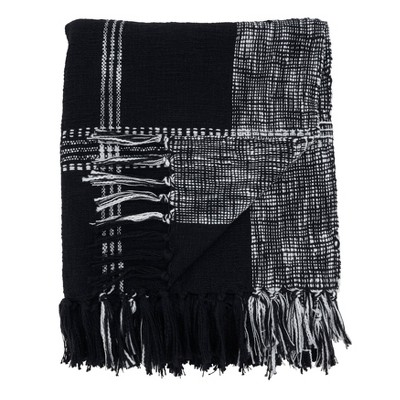 Black and White Cotton Plaid Throw Blanket with Fringe