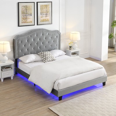 DOMETOUR Queen Upholstered Bed, Button Tufted, Curve Design, Strong Wood Slat, Easy Assembly, Light Grey Velvet, LED Light, Platform