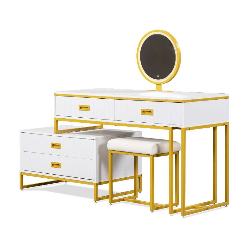 Modern Style Vanity Table With Movable Side Cabinet And 4-Drawers,Large Size Dressing Table With Mirror and 3-colors LED Light,Makeup Table With Stool, 4 of 9