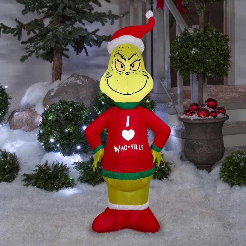 Gemmy Christmas Inflatable Grinch in Who Ville Sweater, 4 ft Tall, Multi, 2 of 7