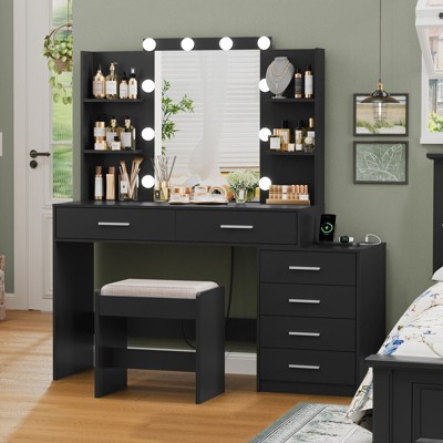 USIKEY 48" Large Vanity Desk with Mirror & Lights, Makeup Vanity Table with 6 Drawers & Power Outlet, 4 Open Storage Shelves and Stool