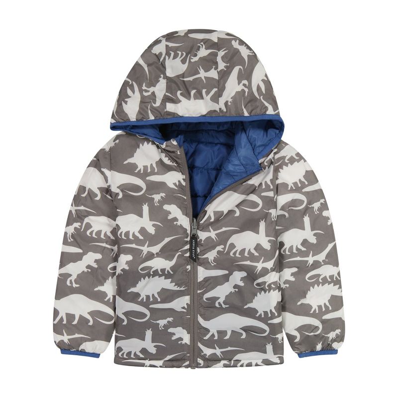 Andy & Evan  Toddler  Mid Blue Dinos Reversible Puffer, 1 of 6