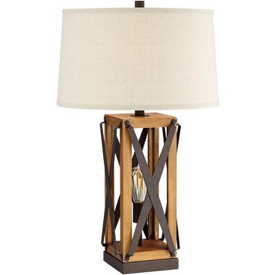 Franklin Iron Works Farmhouse Table Lamp with Nightlight LED Bronze and Wood Tone Off White Burlap Shade for Living Room Bedroom