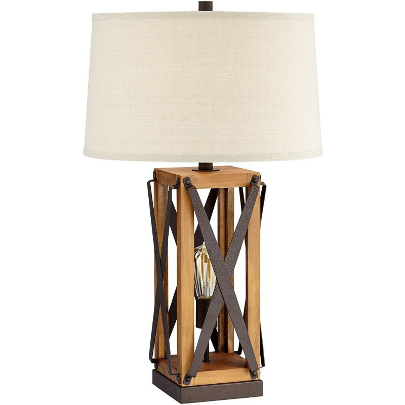 Franklin Iron Works Gaines Rustic Farmhouse Table Lamp 28 1/2" Tall Bronze Wood with LED Nightlight Off White Burlap Drum Shade for Bedroom House Home, 1 of 10