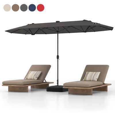 Tangkula 13 FT Patio Umbrella Double-Sided Market Umbrella with 36 Solar-Powered LED Lights Cross Base Included Beige/Grey/Navy/Red/Tan